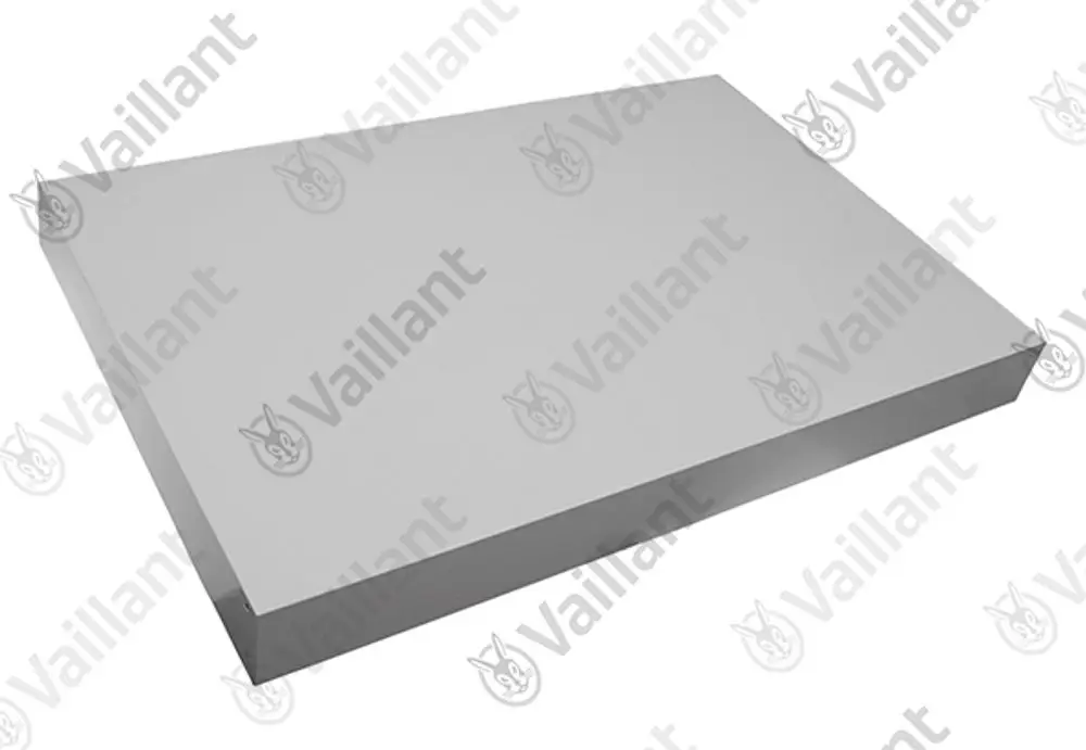 Rechteckiges Metallblech in Grau mit glatter Oberfläche, beschriftet mit dem Vaillant-Logo. Eignet sich für Heizungsinstallationen oder als Abdeckung.